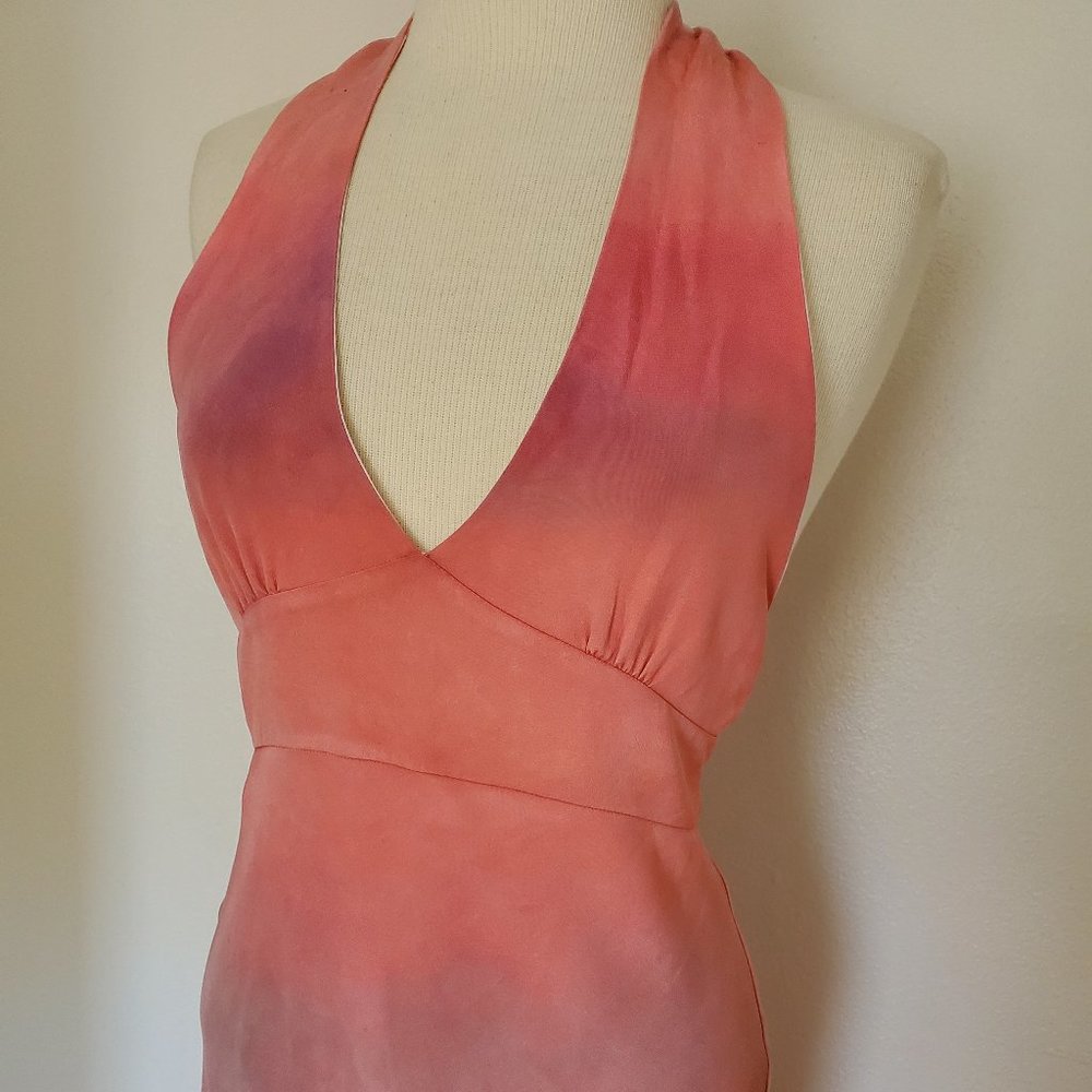 NEW Silk Short midi halter maxi Dress bridesmaid party tie dyed painted blue red - Picture 2 of 9